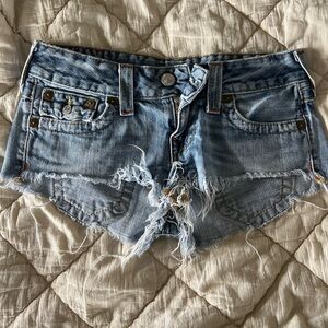 True Religion Light Blue Distressed Jean Shorts